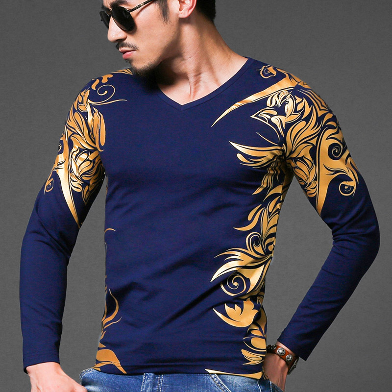 春秋季新款潮男修身烫金t恤纯棉v领长袖体恤潮流男装时尚衣服小衫