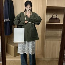 现货2024年春季新款韩国设计师款复古休闲廓形拼色工装风衣外套女