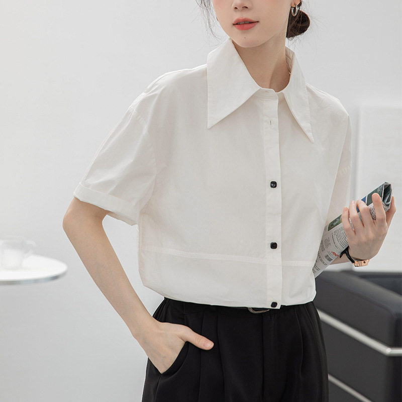 衣号家 复古尖领白色衬衫女 夏季新款别致衬衣设计感上衣洋气小衫