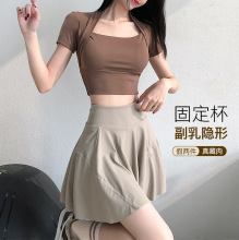 云感披肩带胸垫假两件健身服短袖速干运动上衣减震收副乳短瑜伽服