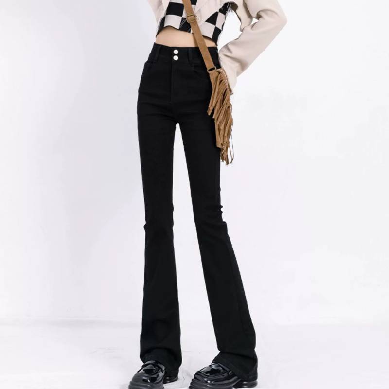 Retro Skinny Jeans Women's Hot Girl Spring and Autumn Double Buckle High Waist Slim Fit Straight Wide Leg Horseshoe Horn Long Pants