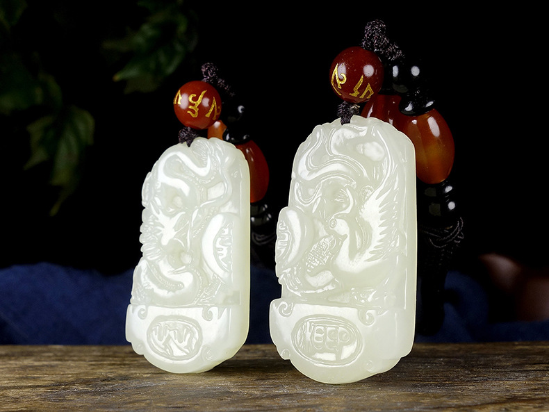 新疆和田玉白玉龙凤对玉牌吊坠男女款玉石挂件送证书支持复检