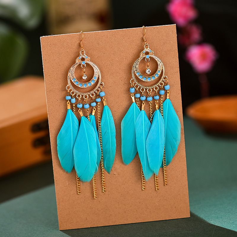 Amazon Wish Long Feather Earrings Creative Water Drop Ornament Long Bohemian Tassel Earrings Earrings