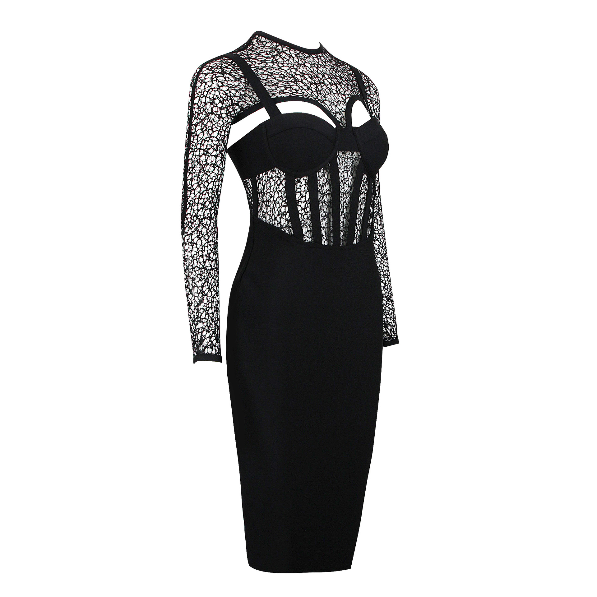 2021新款欧美长袖网纱透明雕花镂空复古性感拼接露背黑色连衣裙
