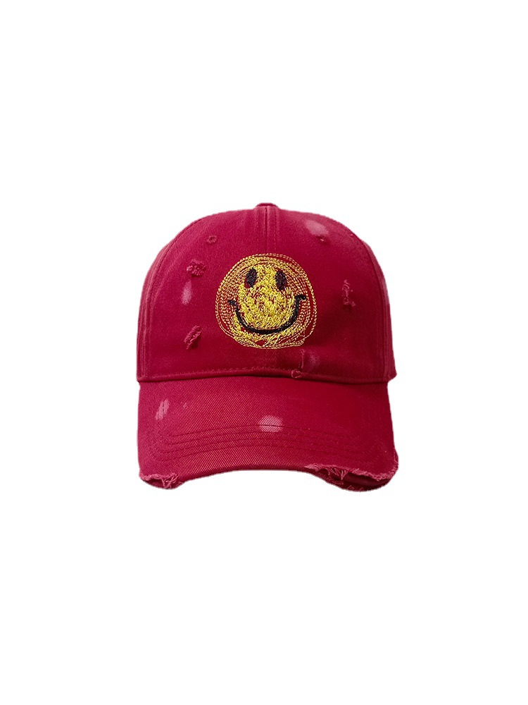 Smiley Face Make Old Ripped Hat Men's Personality Retro Baseball Cap Summer Tide Hip Hop Soft Top Wine Red Peaked Cap Women's Wide Brim