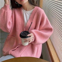 慵懒风外套女2025秋季新款v领纯色针织开衫女宽松大码毛衣女外穿