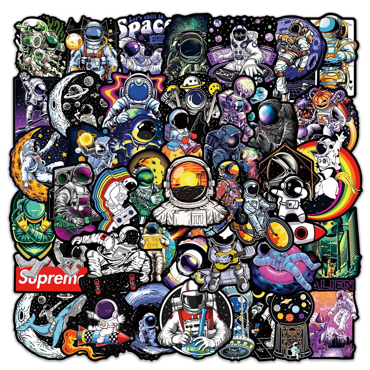 50张黑色炫酷宇航员涂鸦贴纸行李箱笔记本吉他滑板车头盔防水贴纸