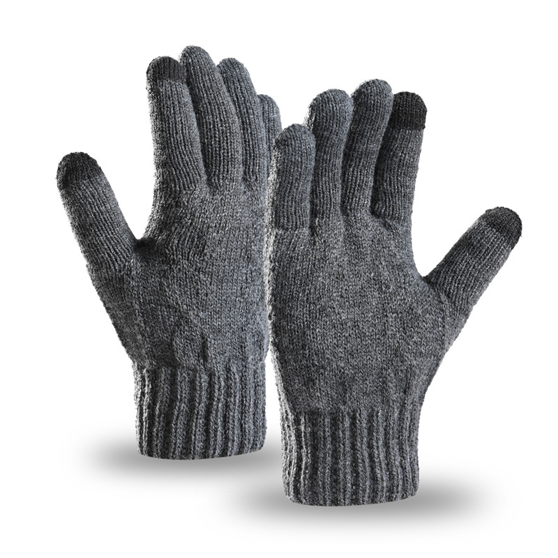 men's touch screen gloves outdoor keep warm autumn and winter cycling and driving sports windproof cold knitted wool double layer fleece-lined