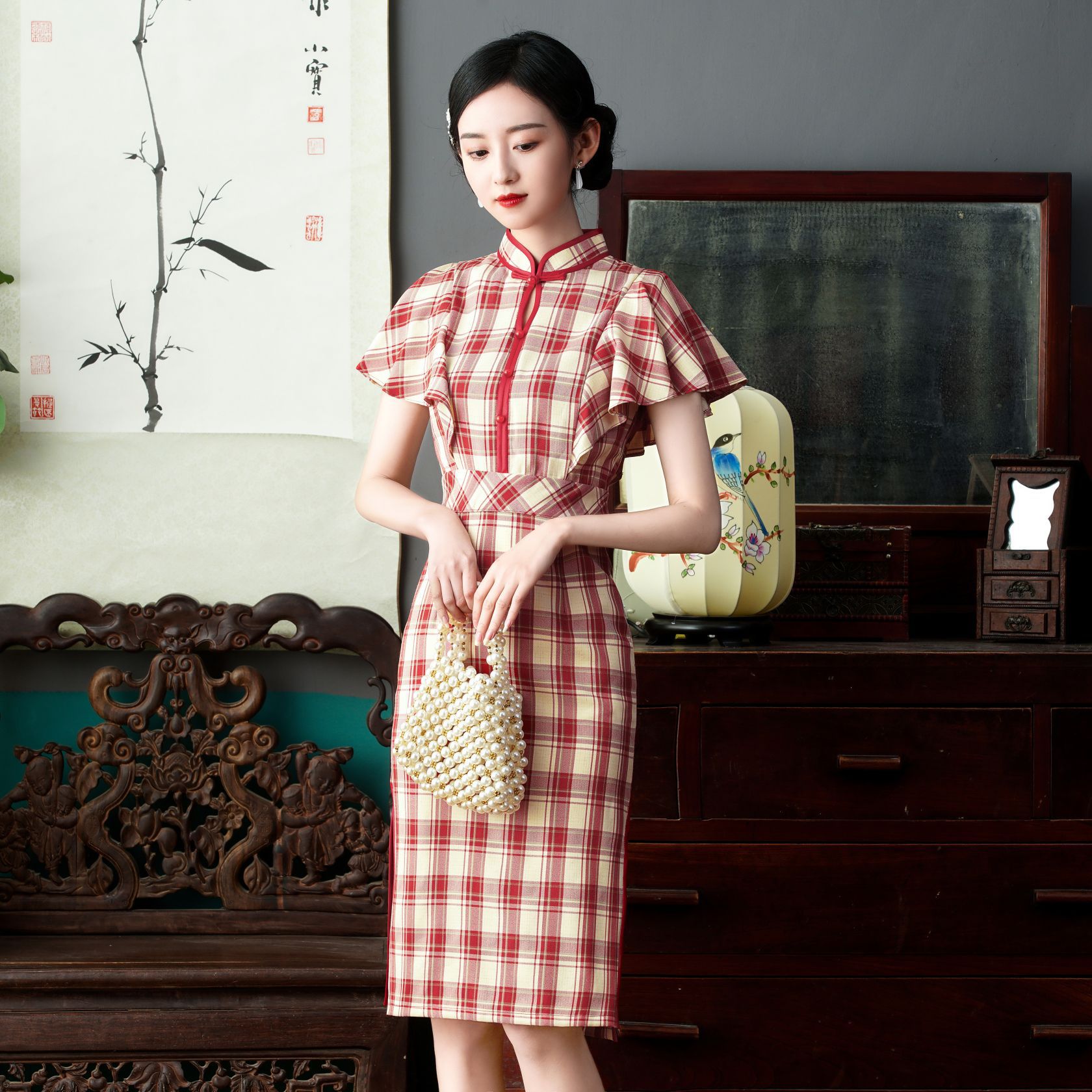 长款格子旗袍裙