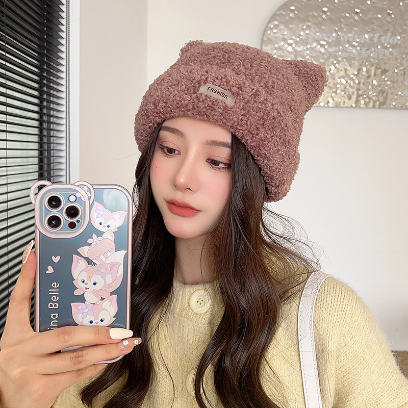 Plush Bonnet Women's Autumn and Winter Korean Style Cute Ears Baotou Woolen Cap Winter Earflaps Cold-Proof Lamb Wool Knitted Hat