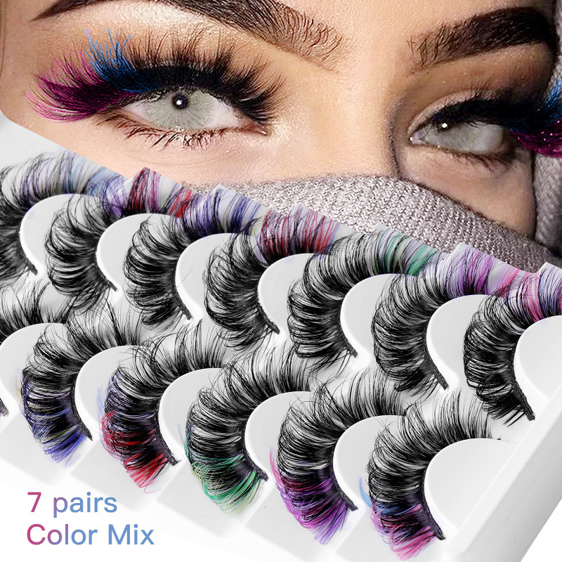 Europe and America Cross Border Popular Chemical Fiber Color False Eyelashes 7 Pairs Thick Curl Simulation D Song Eyelash in Stock Wholesale