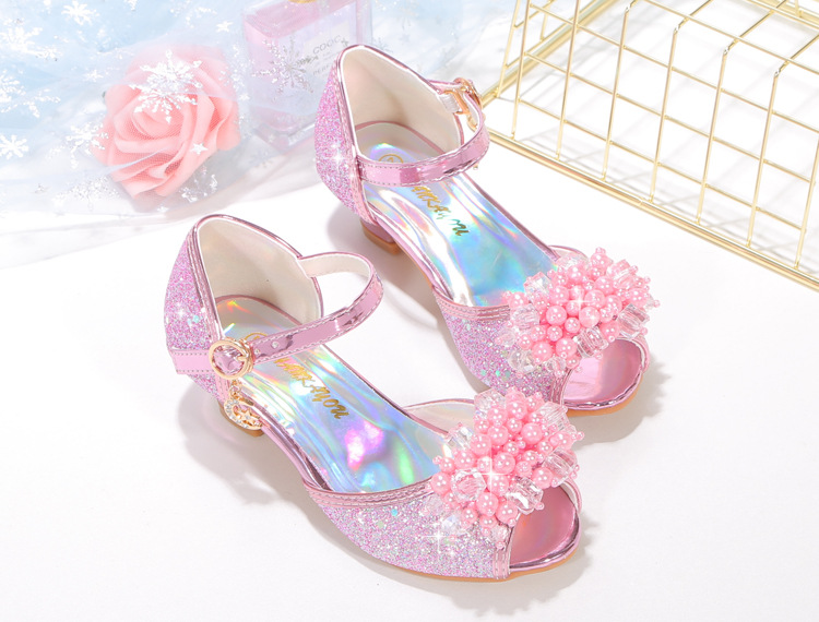 儿童凉鞋2021夏季新款女童珍珠水晶鞋小学生凉鞋小孩公主鱼嘴鞋子