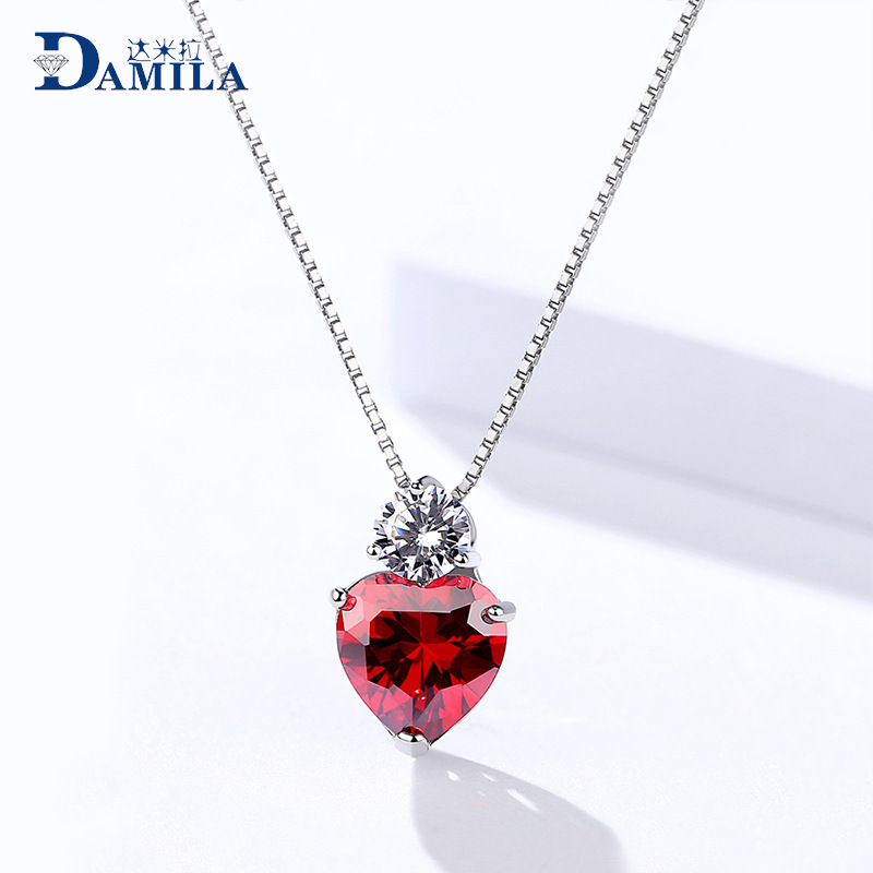 达米拉s925银红心吊坠女款气质甜美心形石榴石微镶项饰淘货源代发