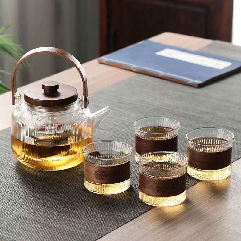 High Temperature Resistant Scented Tea Teapot Set Fruit Tea Brewing Pot Household Cooking Integrated Wooden Handle Glass Vertical Grain Teapot