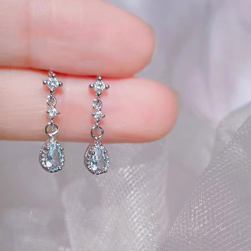 Korean Style Xiaohongshu Same Style Walden Lake Blue Water Drop Ear Studs Female Special-Interest Design Sweet Sterling Silver Needle Earrings