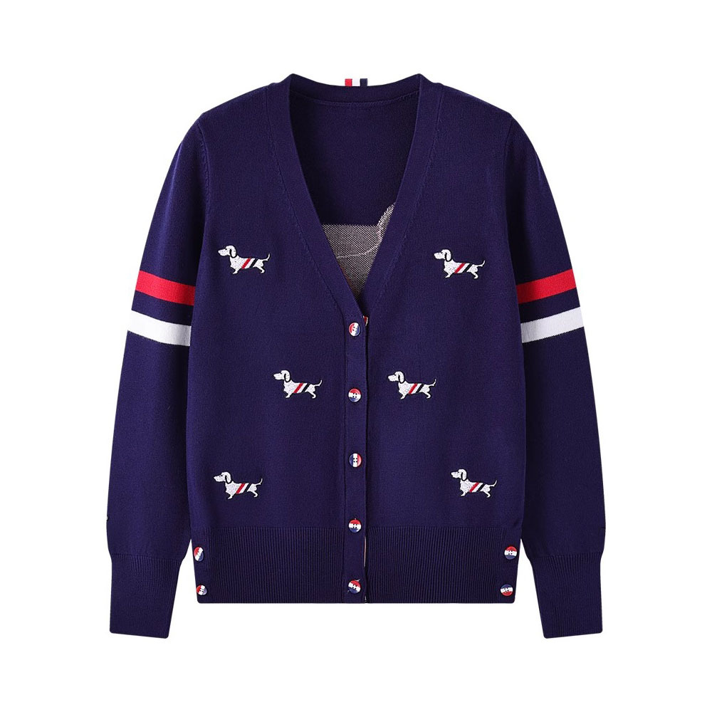tb条纹刺绣狗狗针织开衫女v领毛衣2024早春新款学院风单排扣上衣