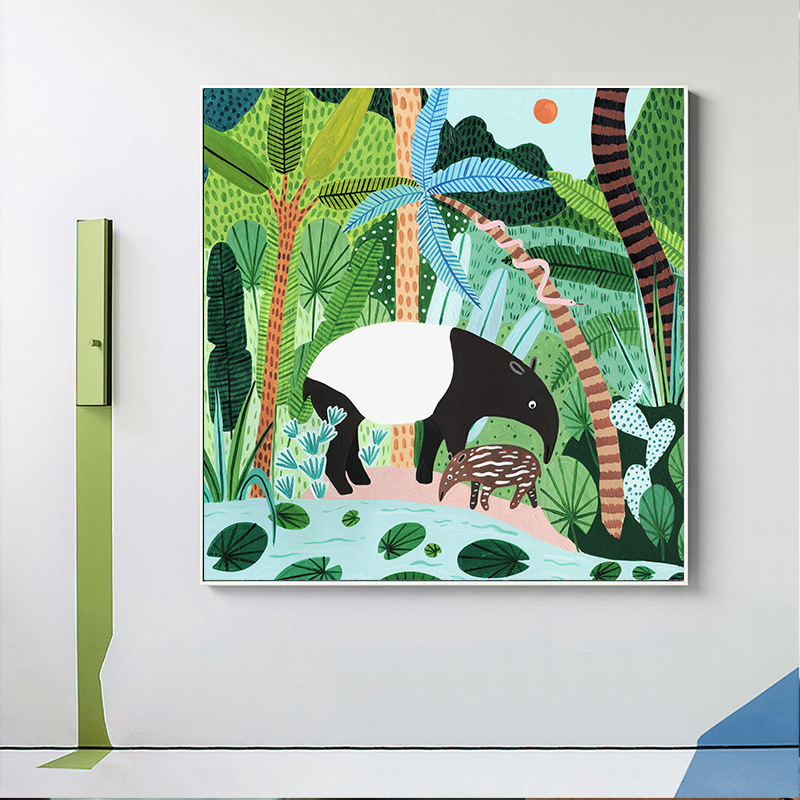 简约北欧手绘热带植物动物狮子老虎波西米亚风海报装饰画图片画芯