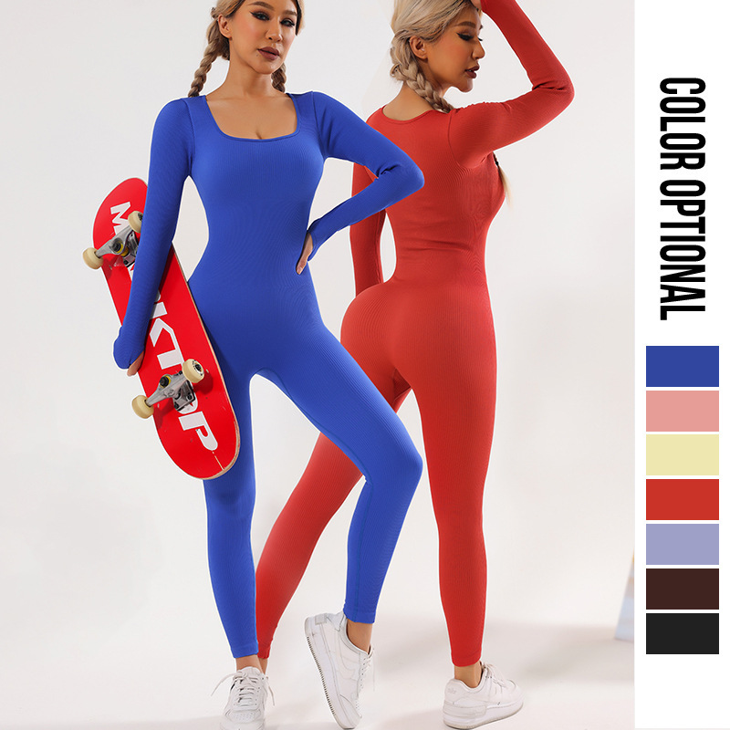 New Long Sleeve Quick-Drying Sports Seamless Yoga Bodysuit One-Piece European and American Tight One-Piece Fitness Yoga Wear Women