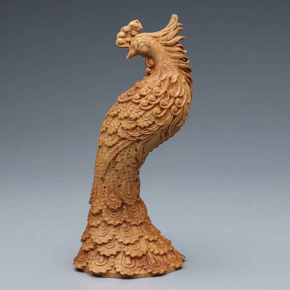 崖柏木雕凤凰孔雀摆件 实木雕刻百鸟朝凤家居饰品玄关创意工艺品