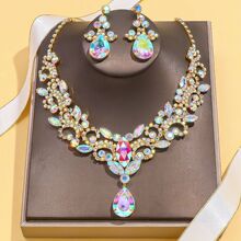 速卖通爆火彩钻水钻首饰套装夸张水钻锁骨链耳环配饰Jewelry Set