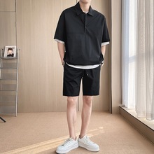 夏季韩版衫两件套潮纯色套装男宽松休闲短裤短袖一套