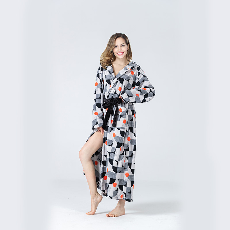 Cross-Border Design Geometric Pattern Lace-up Hooded Can Be Worn outside Extended Can Be Worn outside Ladies Pajamas Bathrobe