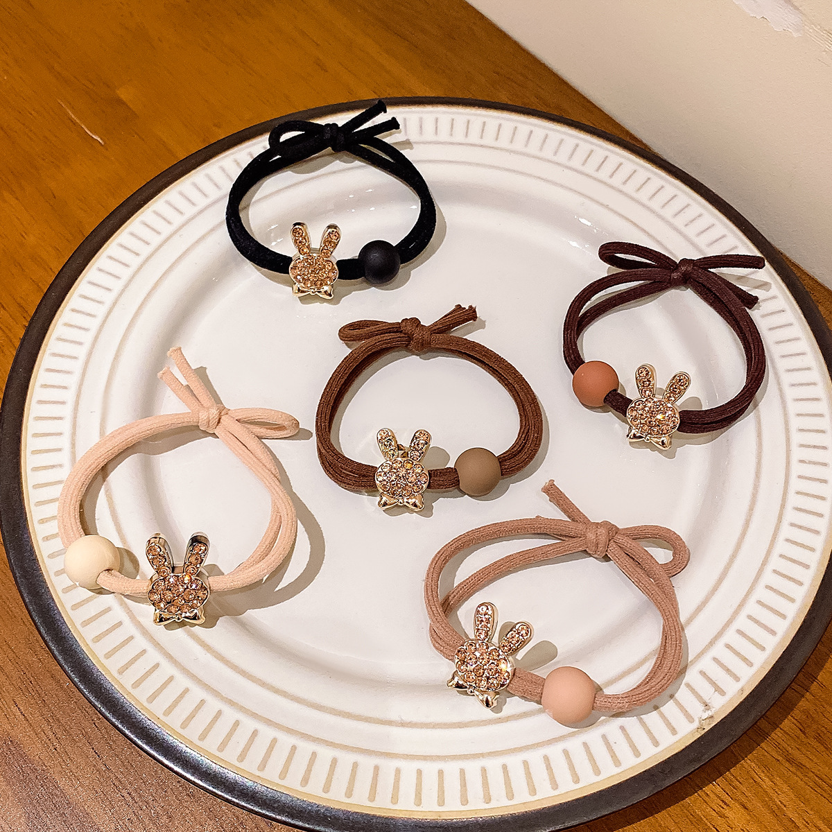 Milk Coffee Color Rhinestone Rabbit Scrunchies New Cute Hair Band for Girls Versatile Simple Hairtie All-Match Rubber Band Hair Accessories