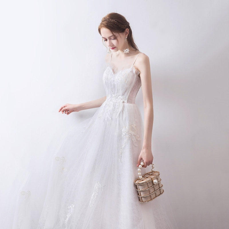 白色礼服女2022新娘法式轻婚纱吊带长裙名媛洋装小仙气生日小礼裙