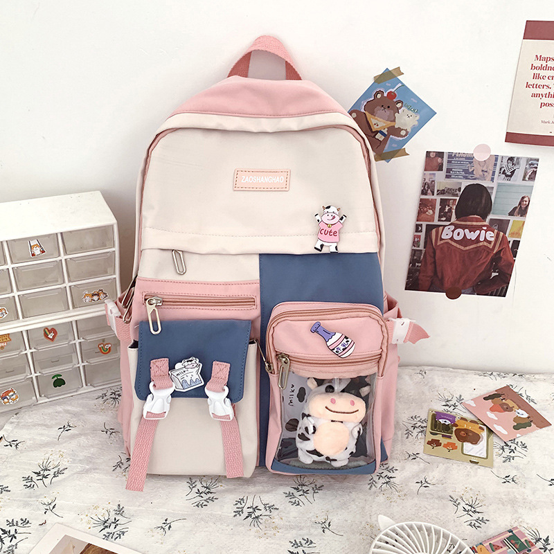 Japanese Ulzzang College Backpack Simple Cute Cartoon Soft Girl Transparent Backpack Contrast Color Schoolbag Women