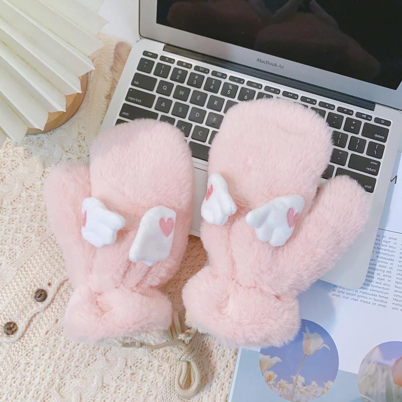 2023 Movable Heart Wings Gloves Female Cute Fleece Lined Padded Warm Keeping Cycling Cold Protection Good-looking Finger Plush