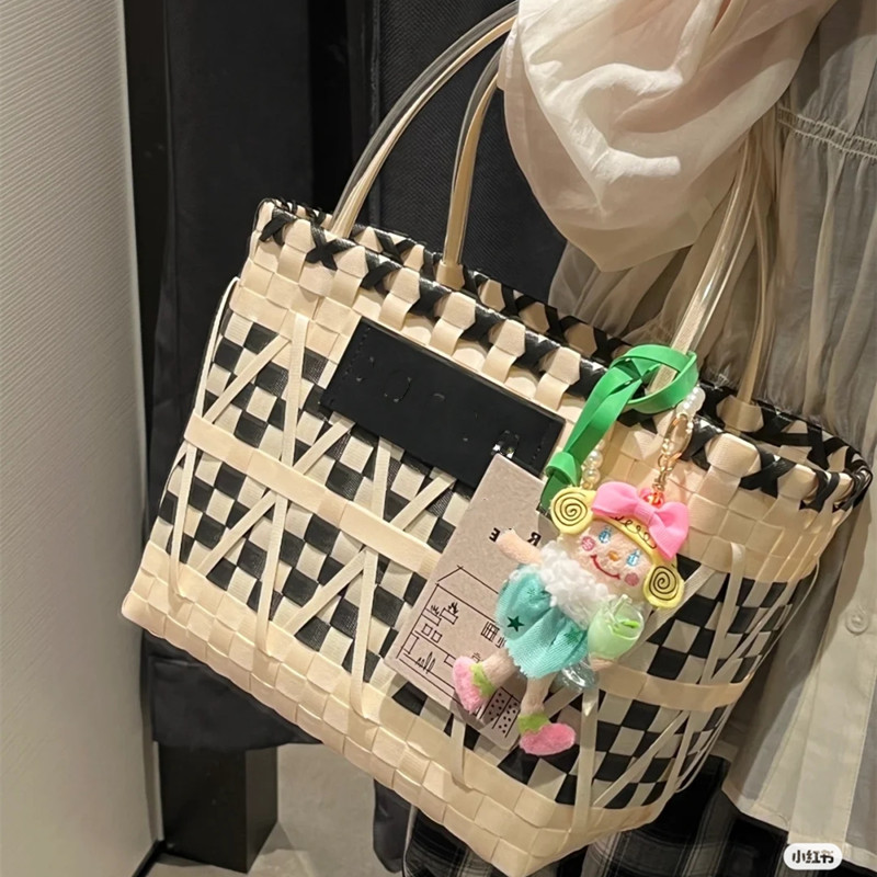 手工塑料编织包 m家黑白熊猫手提女包 度假包 女包菜篮子包礼品篮