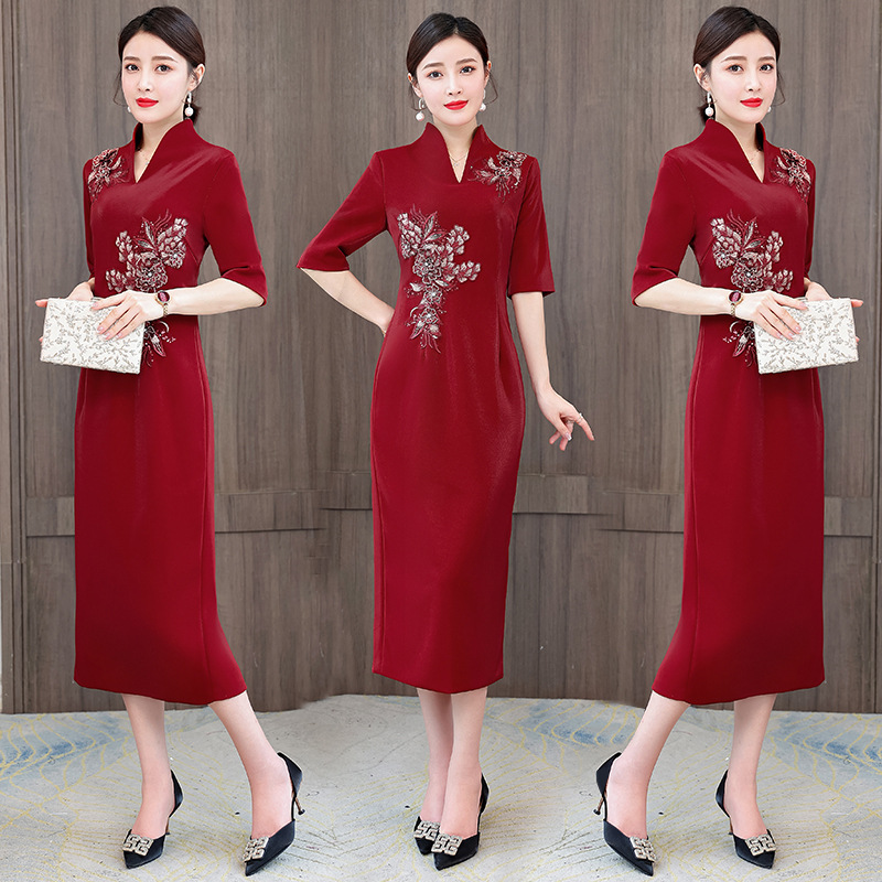 春秋女妈妈装高端大牌喜庆喜婆婆绸缎婚礼婚宴礼服旗袍连衣裙长裙