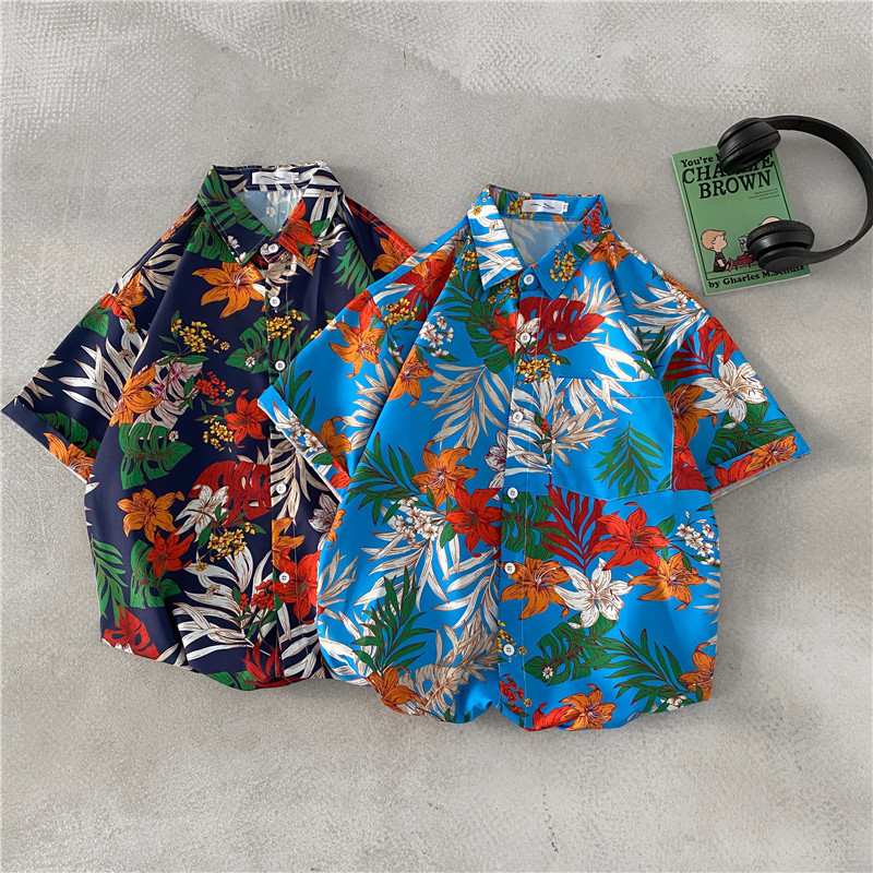 夏季五分袖衬衫男宽松沙滩花衬衣夏威夷海边度假旅游短袖上衣服潮