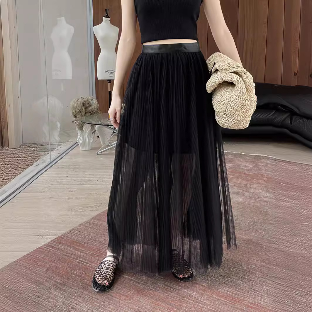 hoo十三行2024夏季新款半身裙100%腈纶法式高密网纱压褶多层半裙