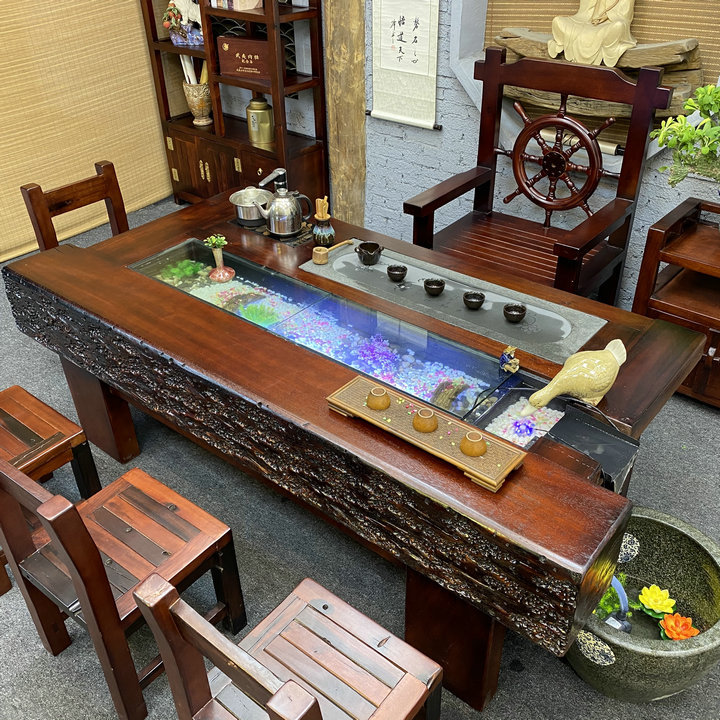工厂老船木茶桌椅组合茶台流水鱼缸茶具套装一体1米8禅意实木功夫