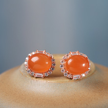 新品天然南红玛瑙耳钉s925银火焰柿子红红色玫瑰金显气质送妈妈