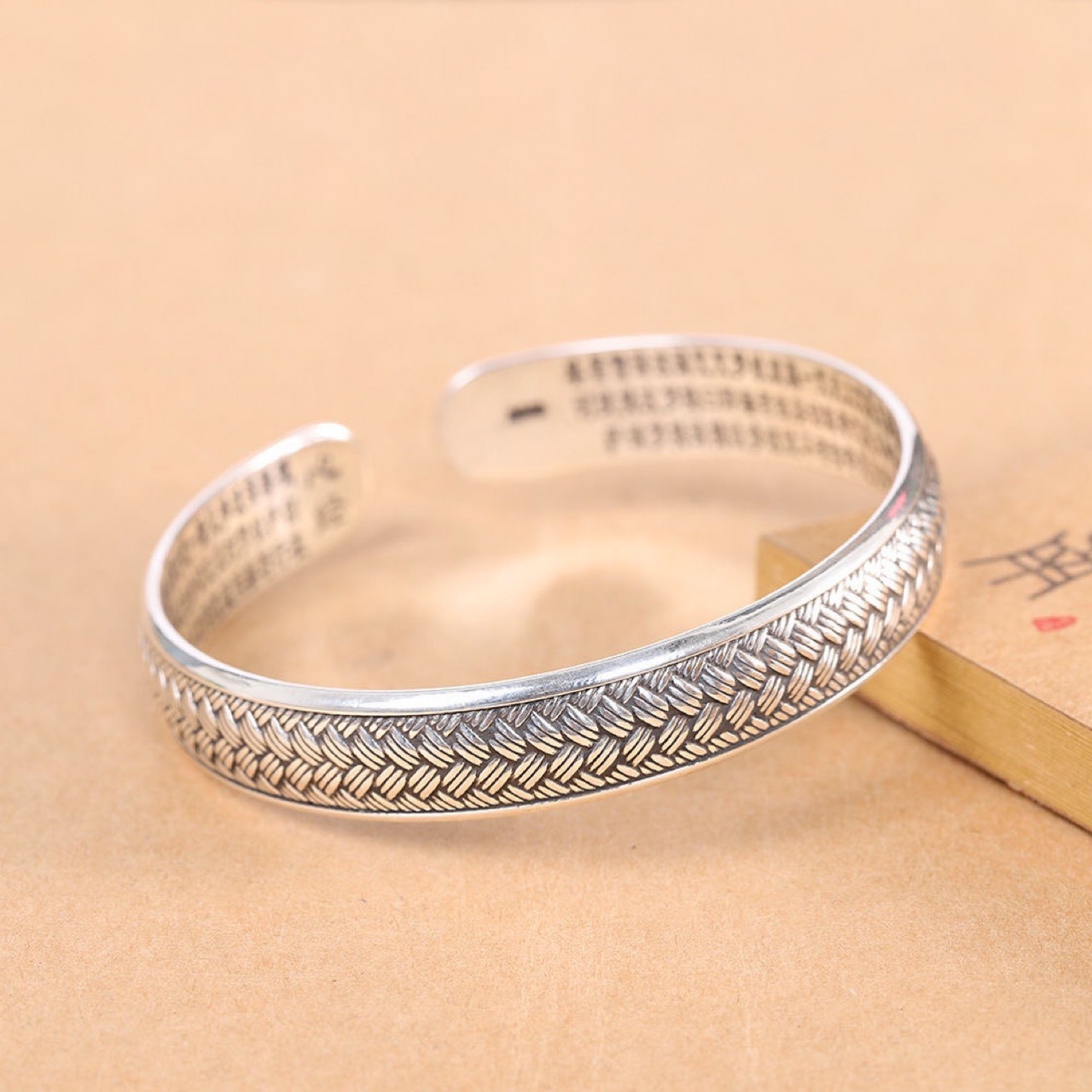 心经银手镯999纯银编织手镯云南大理雪花银 经文麻花哑光复古银镯