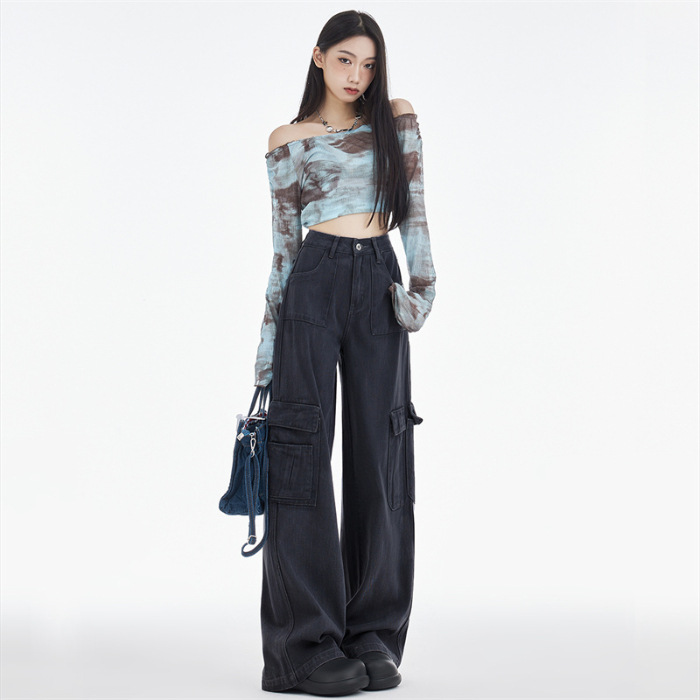 Trendy Cool Overalls Women's Loose Summer 2023 New Autumn Design High Waist Slimming and Wide Leg Denim Casual Pants Women Clothes