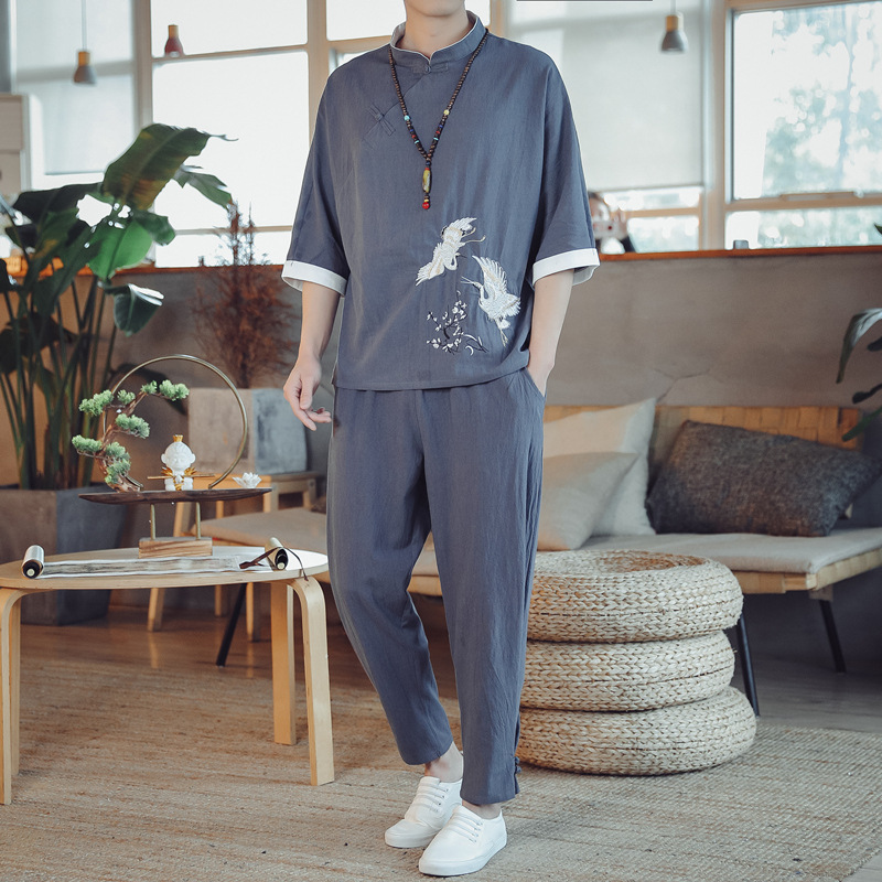 2021夏季新款中国风套装男士 休闲唐装复古t恤套装中式汉服棉麻批