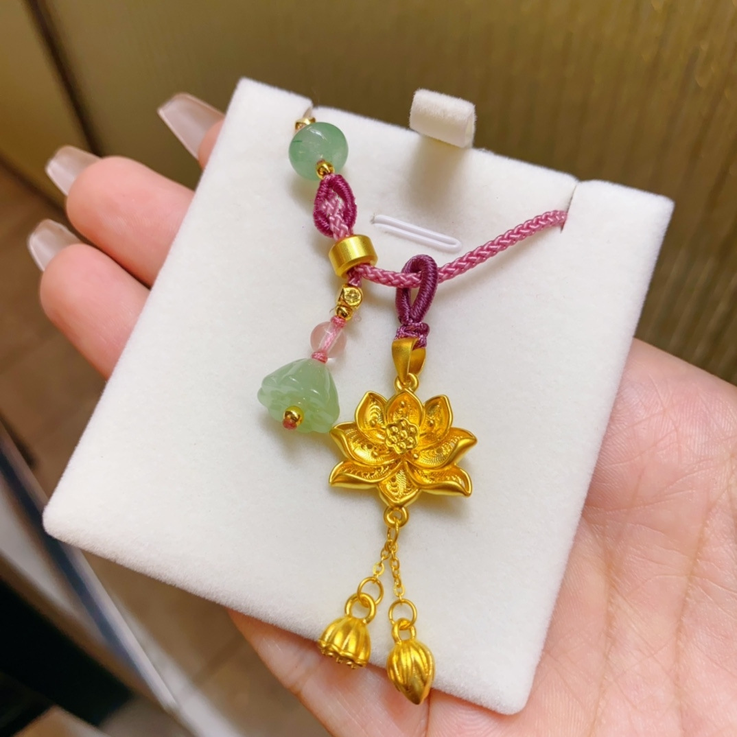 999足金莲花流苏项链 5d硬金周家同款好事连连吊坠国潮风首饰女