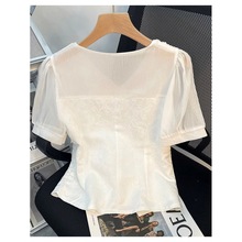 甜美白色刺绣钉珠泡泡袖领短袖恤女2024夏季新款时尚设计感小衫