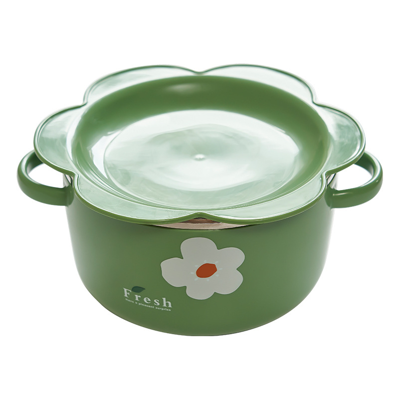 Good-looking Cute Flowers Instant Noodle Bowl Simple Stainless Steel School with Lid Rice Bowl Dormitory Students Instant Noodle Bowl 0652