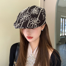 夏季韩版ins复古花朵刺绣前进帽子女出街显脸小百搭时髦贝雷帽