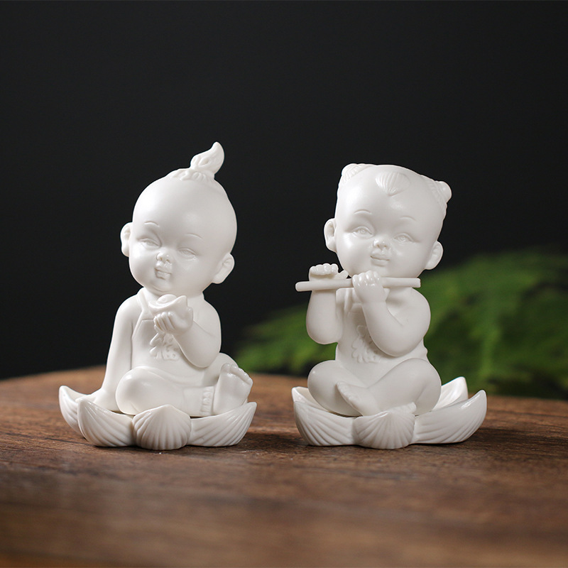 德化白瓷招财莲花童子娃娃工艺品摆件创意新婚新居节庆小礼品礼物