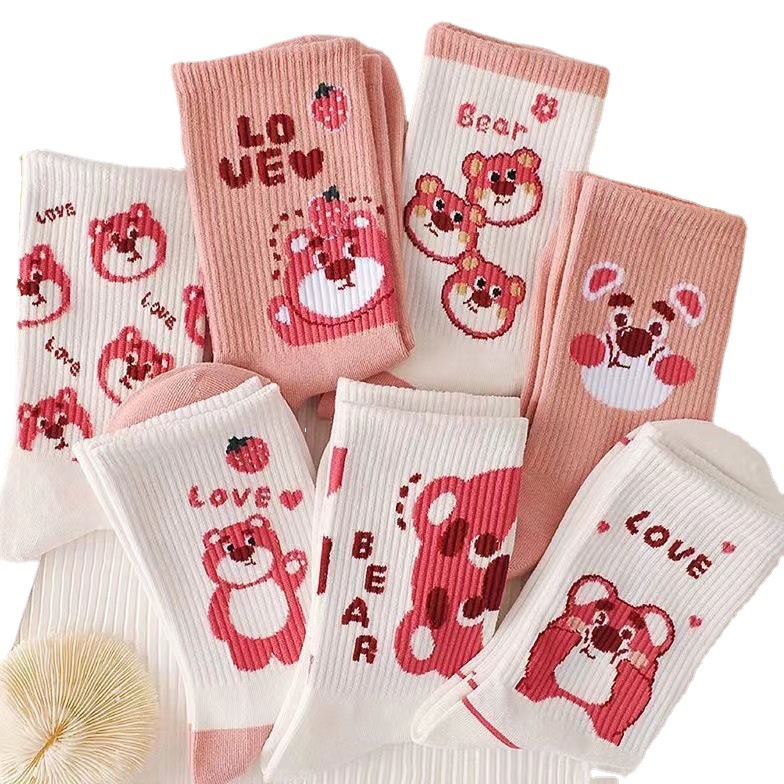 Cute Women's Pink Strawberry Bear Socks Ins Fashionable All-Matching Autumn and Winter Tube Socks College Style Long Fashion Socks for Women