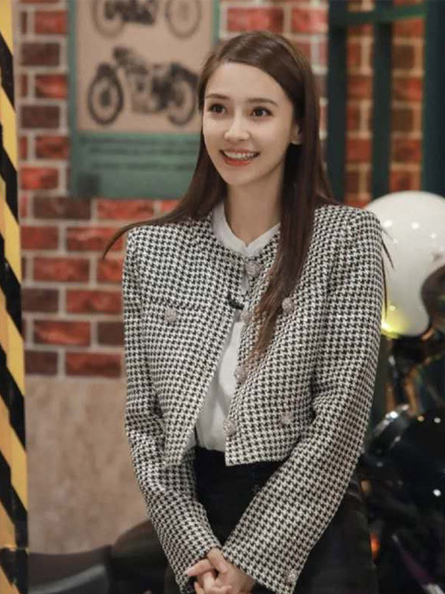 明星同款杨颖baby千鸟格名媛小香风短款小个子格子西装外套女ins