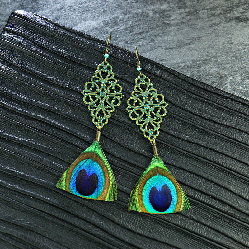 ins风天然孔雀羽毛精美耳环 松石圆形少数民族风网红同款耳坠女