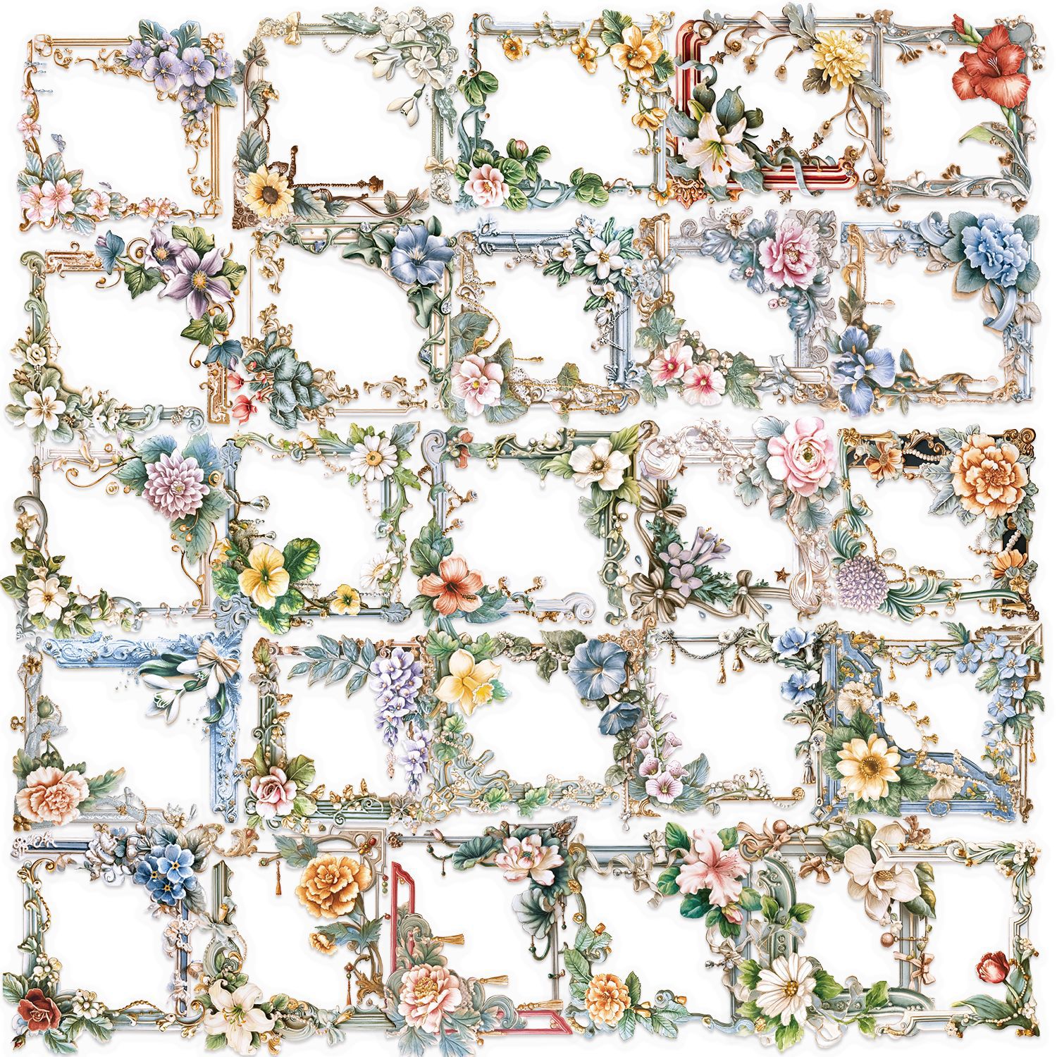 50张花卉相框贴纸PET透明防水手机水杯笔记本电脑本子装饰贴纸