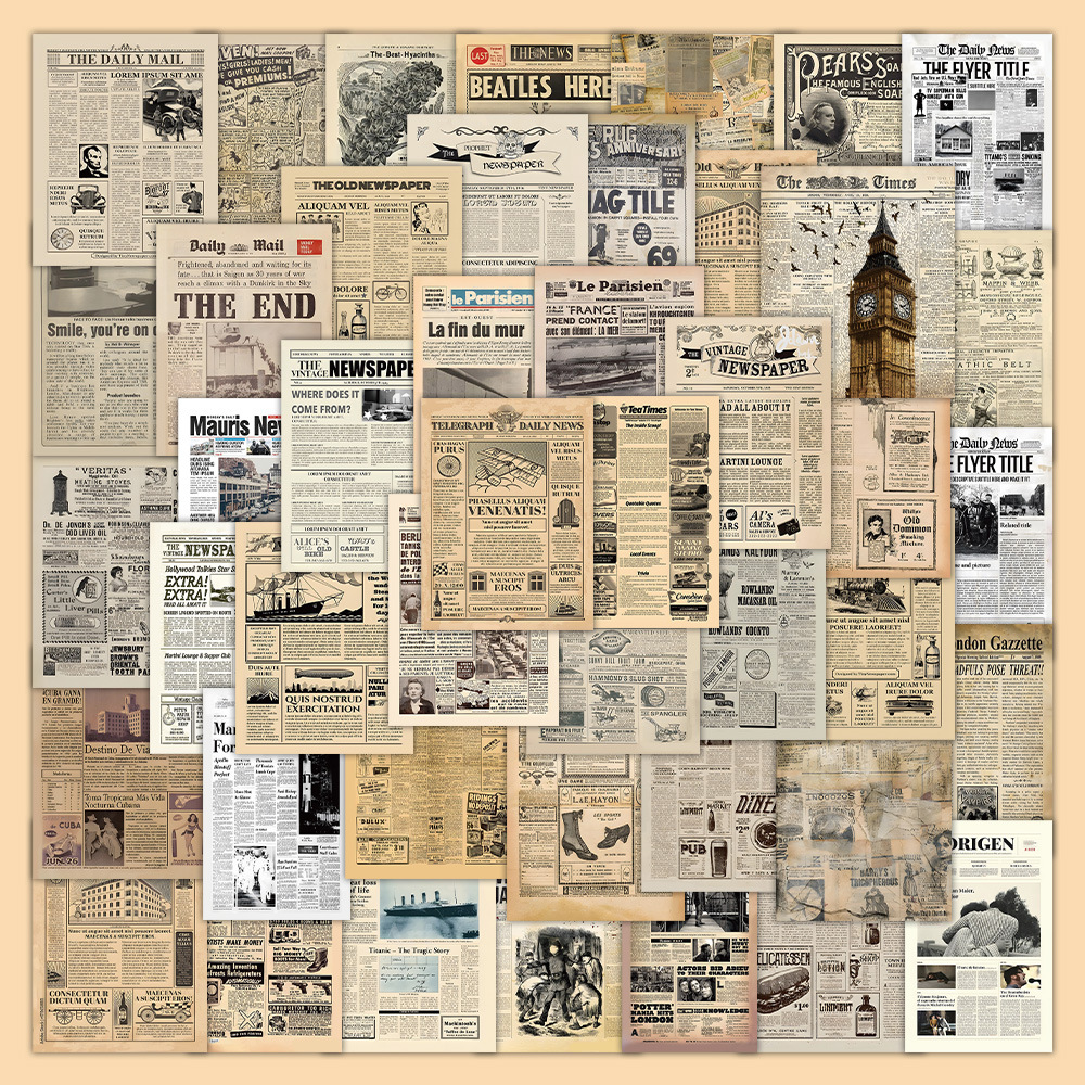 60张复古海报旧报纸手账贴纸欧美杂志海报背景图装饰防水贴画批发-阿