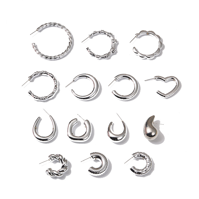 Hot Selling Product Fashion Simple Plastic Electroplating Ancient Silver C- Shaped Earrings Female Worker Factory Direct Sales Ornament Accessories Wholesale